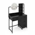 thumbnail image 1 of Modern Vanity Desk with Mirror & Adjustable LED Lights, 4 Fabric Drawers, Power Outlet, Hair Dryer Rack, Storage Shelves, Makeup Table for Bedroom – Elegant Black, Perfect for Girls & Women, 1 of 7