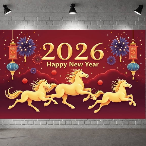 Red Theme Chinese New Year Banner Golden Horse Design Year of the Horse Banner Chinese Traditional Lantern Decoration Lunar New Year Display for Chinese New Year Party Lunar New Year Celebration