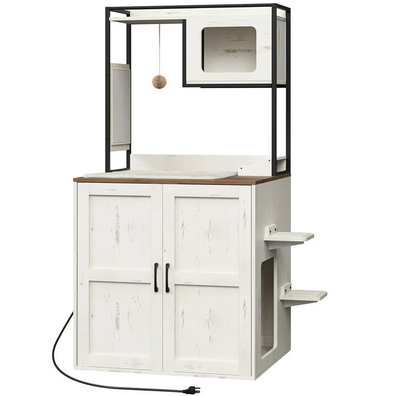 at Automatic Litter Box Enclosure Furniture, 30.5" L x 26.8" W x 61" H, Hidden Robotic Litter Box Cabinet, Dog-Proof Shelf with Charging Station, Scratching Mat, Bowls, White WH68UMZ03