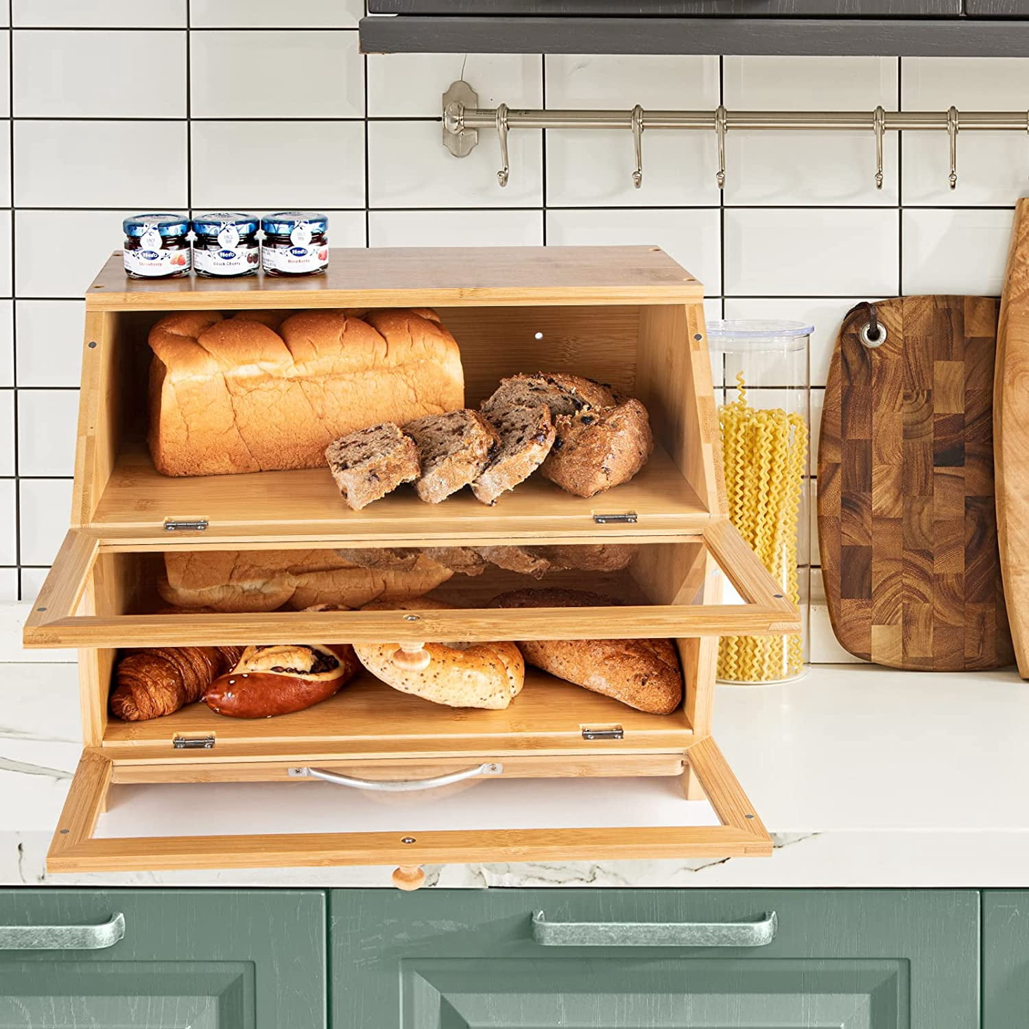 Double Layer Bamboo Bread Box for Kitchen Countertop, Cutting Board, and Stainless Steel Bread Knife, Large Capacity Storage Container with Clear Windows (Self-Assembly)