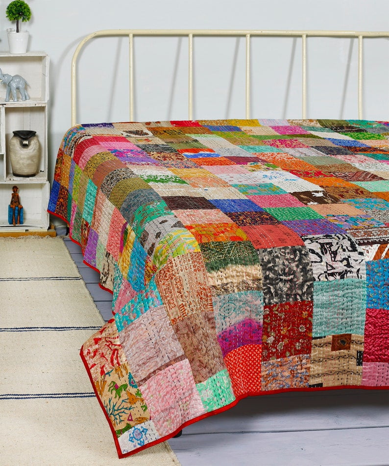 Indian Kantha Quilt Turquoise Paisley Reversible Twin Bedspread Blanket Throw 