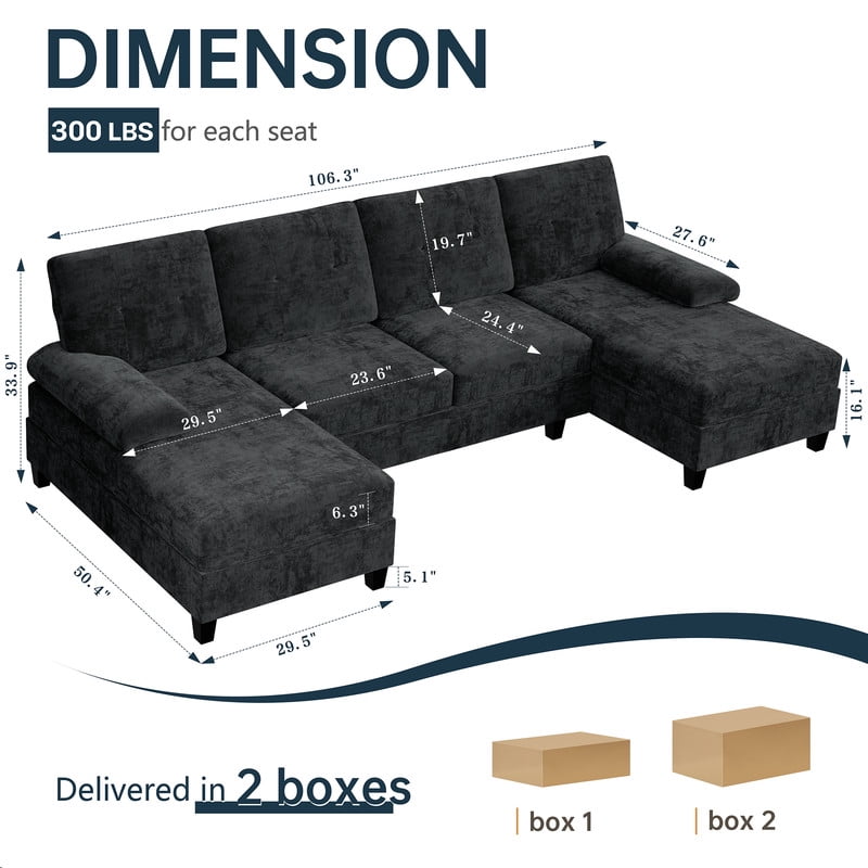 Walsunny U-Shaped Sectional Sofa Couch, 4 Seat U Shaped Oversized Clearance Sofa Set with Double Chaise for Living Room, Black