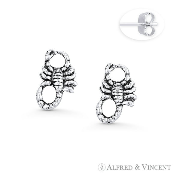 Scorpion Arachnid Zodiac Charm Stud Earrings in Oxidized .925 Sterling Silver