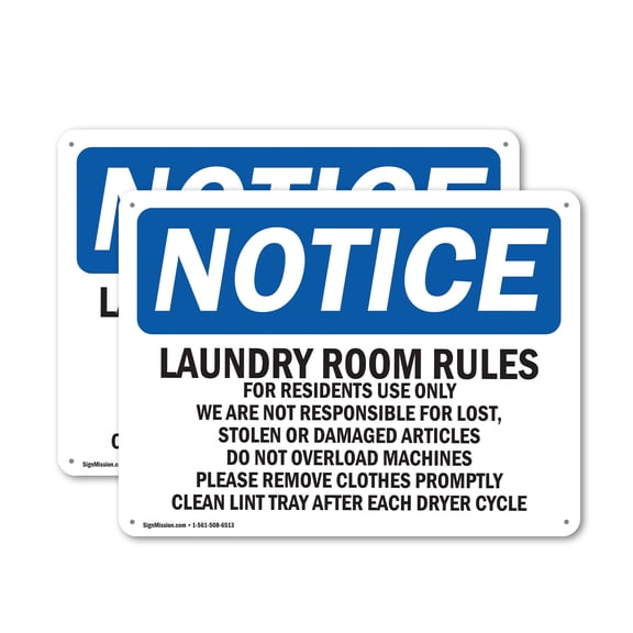 (2 Pack) Laundry Room Rules For Residents Use Only OSHA Notice Sign 10 Inch X 7 Inch Plastic Sign, Weather Resistant, UV Protected for Workplace, Business, and Construction Site, Made