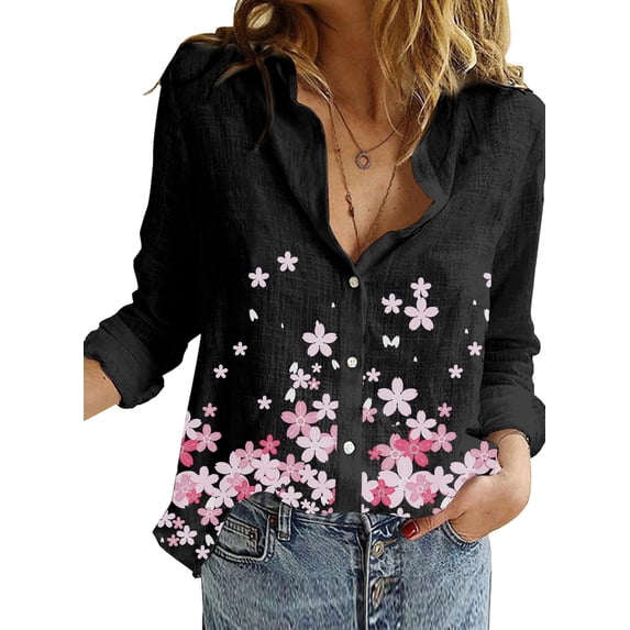 HOTAPEI Button Down Shirts for Women Casual Long Sleeve Blouses V Neck Printed Shirt Tops