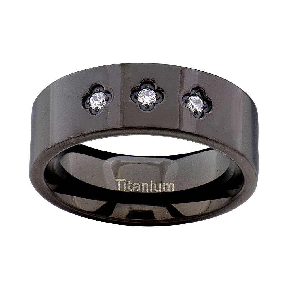 8mm Titanium Ring Black Round Cubic Zirconia Men's Black Wedding Band 