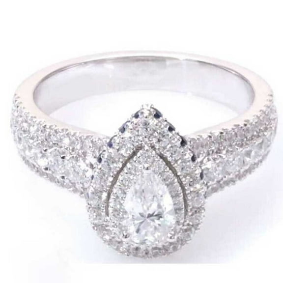 TAAPSEE JEWELS Women Double Halo Cubic Zirconia Teardrop Wedding Engagement Ring 14k White Gold Finish