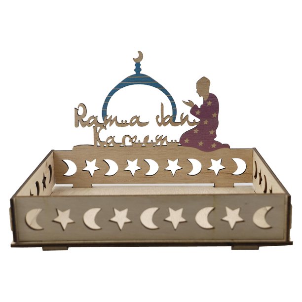 Style 5 Bandeja de madera decorativa para servir Eid Mubarak, bandeja de comida para postre, estrella, Luna, decoración islámica para fiesta musulmana, decoración del hogar para R