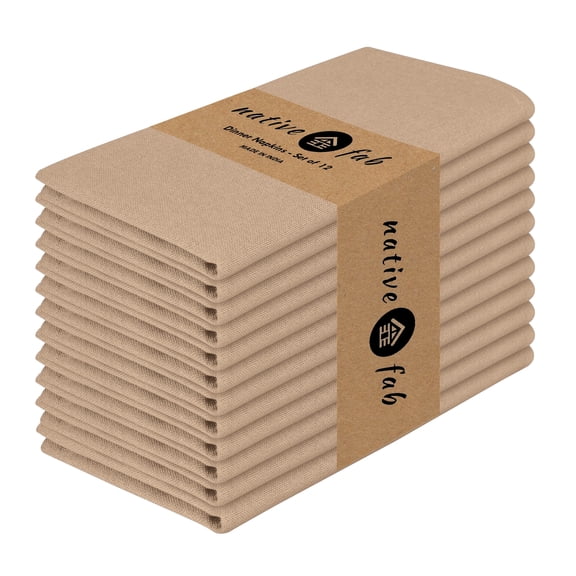 Native Fab Table Dinner Napkin Set of 12, Soft Cotton Reusable Fabric Cloth Napkins, 17x17 inches - Beige Natural