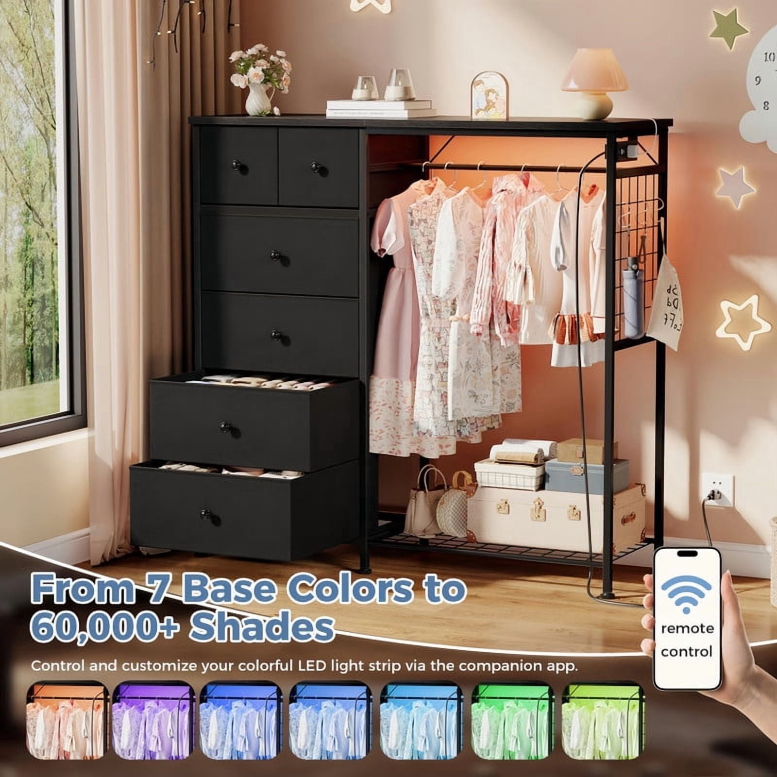 Kelno 6 Drawer Dresser with Hanging Rack LED Lights Charging Station Fabric Closet Organizer Storage Tower, Black
