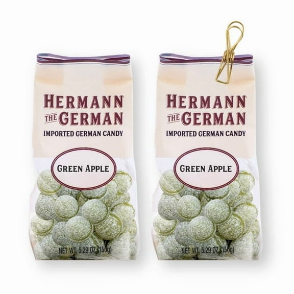 Hermann the German Green Apple Hard Candy 5.29 oz. / 150 g X 2 with Metallic Wire Bag Clip (3-Pc Set)