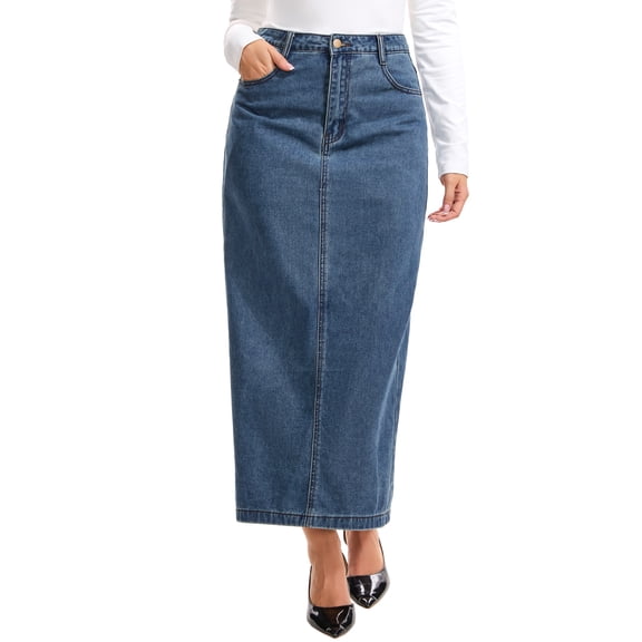INSPIRE CHIC Women Maxi Denim Skirt H Line Straight Back Slit Casual Long Jean Skirts S Retro Blue