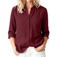 thumbnail image 4 of Babysbule Women Mandarin Collar Henley Blouse Flare 3/4 Sleeve Loose Fit Casual Top for Summer Office Brunch Daily Outfits, 4 of 9