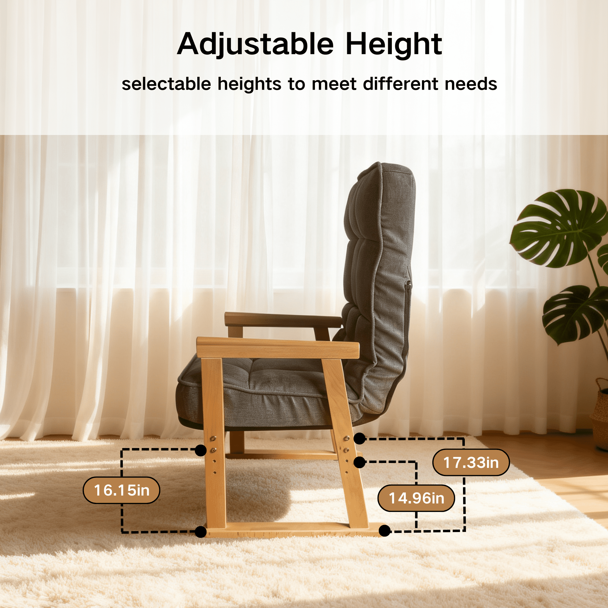 Leumius Modern Lounge Chair with Adjustable Seat Height and Three-Level Lumbar Angle Adjustment for Living Room, Bedroom, Study and Attic Gray