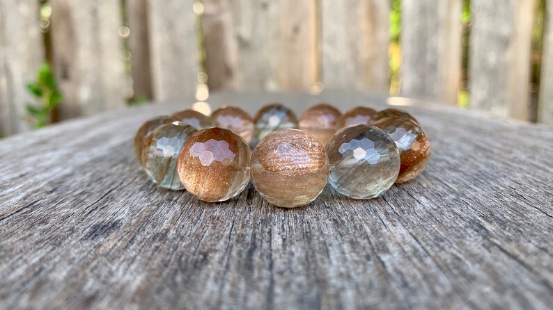 Natural Confetti Sunstone 16mm Round Shape Faceted Cut Beads Stretchable Bracelet for Men & Women.