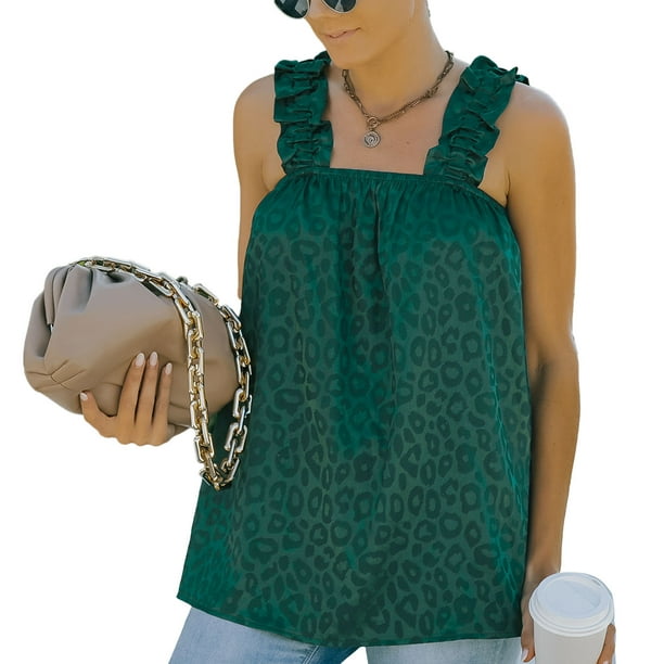 Camisetas sin mangas con volantes de verano para mujer, blusa sin mangas con estampado elegante e informal, holgada, para la vida diaria y el trabajo