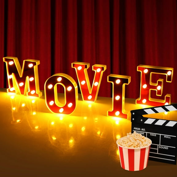 5 PCS Light Up LED Letters Sign Lights, MOVIE Party Decorations, Battery-Powered Marquee Lighted Signs, Alphabet LED Letter Lights for Night Party Tabletop Decor Supplies