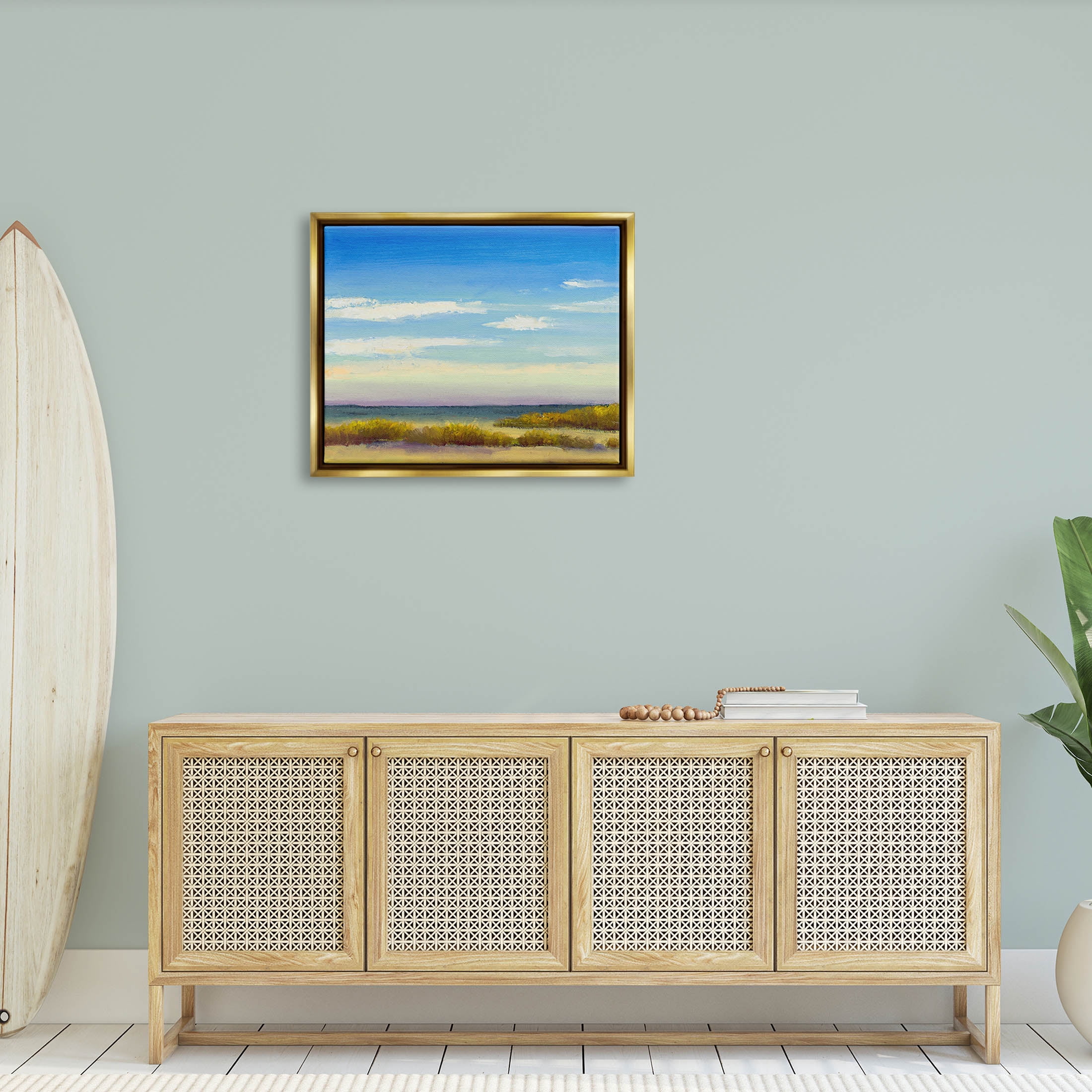 Coastal Beach Vivid Blue Sky Coastal Painting Metallic Gold Framed Art Print Wall Art