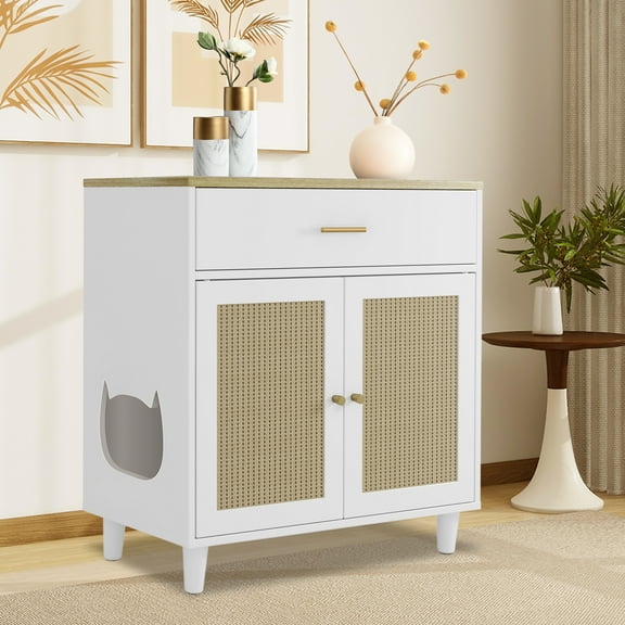 31.5" Hidden Cat Litter Box Furniture with Sisal Scratching Doors & Storage Drawer, Dog-Proof White Wooden Cabinet for Cats (Fits Most Litter Boxes)