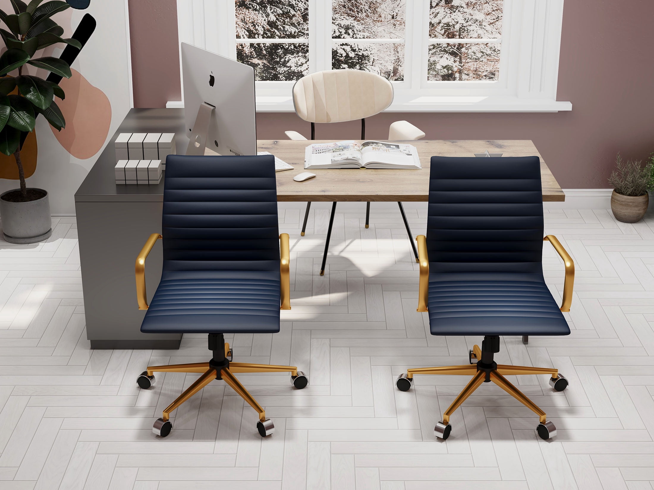 LUXMOD® Mid Back Gold Office Chair in Blue Leather, Adjustable Swivel Chair in Durable Vegan Leather, Ergonomic Desk Chair for Extra Back & Lumbar Support, Modern Executive Chair
