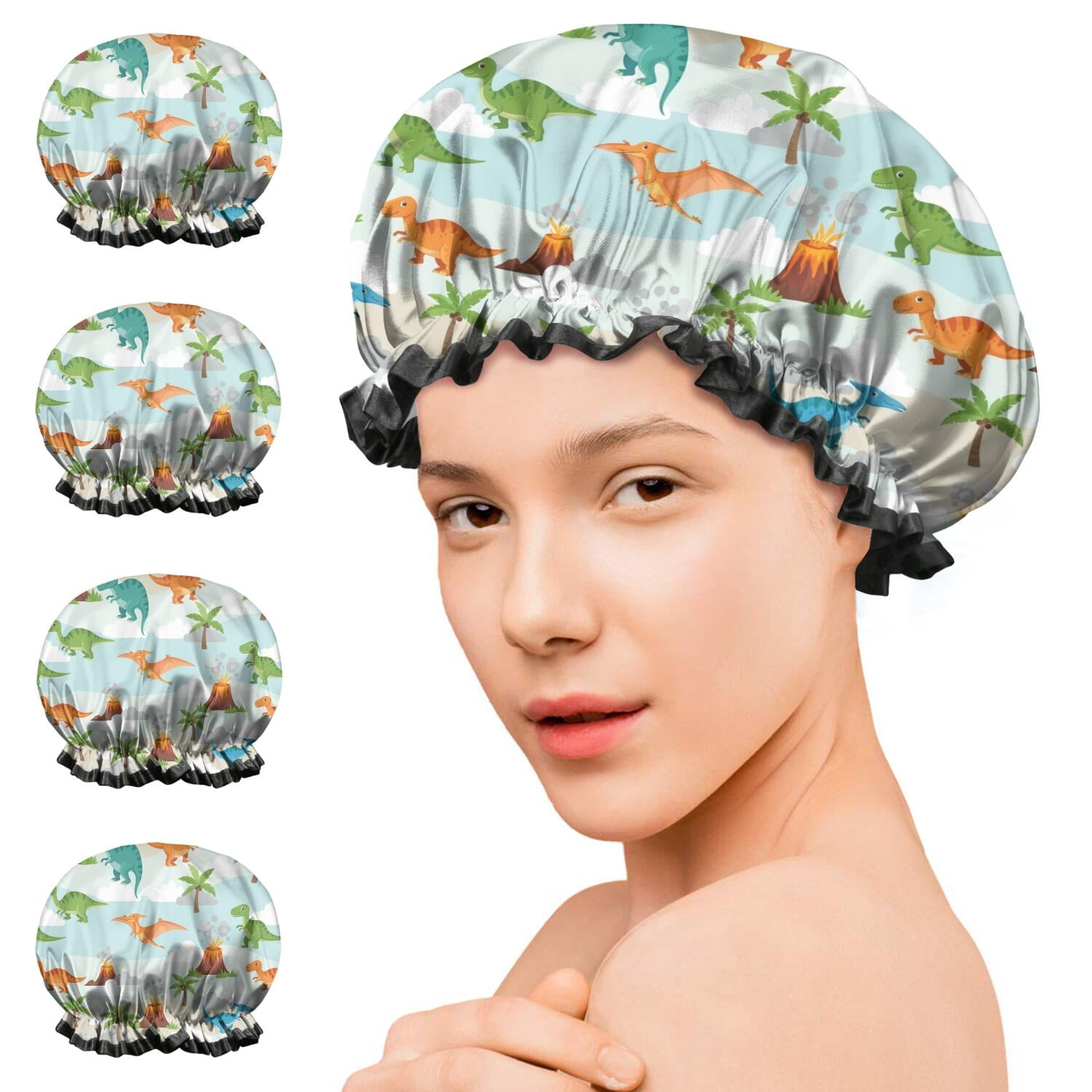 Shower Caps,LightBlue Cartoon Dinosaurs Volcanoes Palms Patter Waterproof Shower Cap for Women 4 Pieces,Double Reusable Hair Cover for Shower PEVA Elastic Stretch Hem