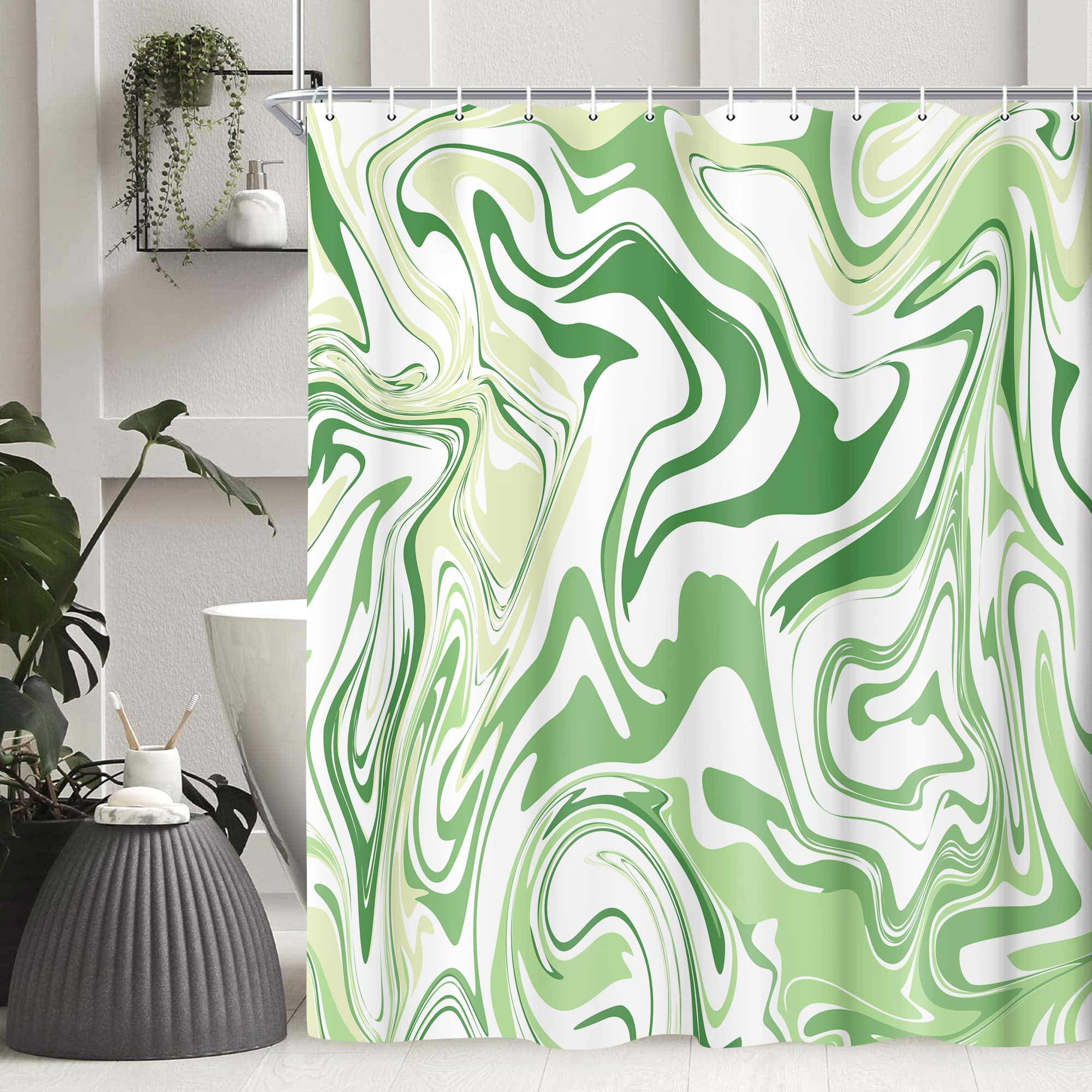 Aesthetic 70S Abstract Wavy Swirl Shower Curtain,Cute Sage Green Marble Bath Curtain, Modern Ombre Retro Boho Minimal Bathroom Accessories Groovy Teen Girls Bathroom Curtain Liner Set Hooks