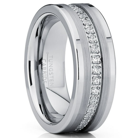 Men's Tungsten Wedding Band Eternity Ring Cubic Zirconia Silver 8MM