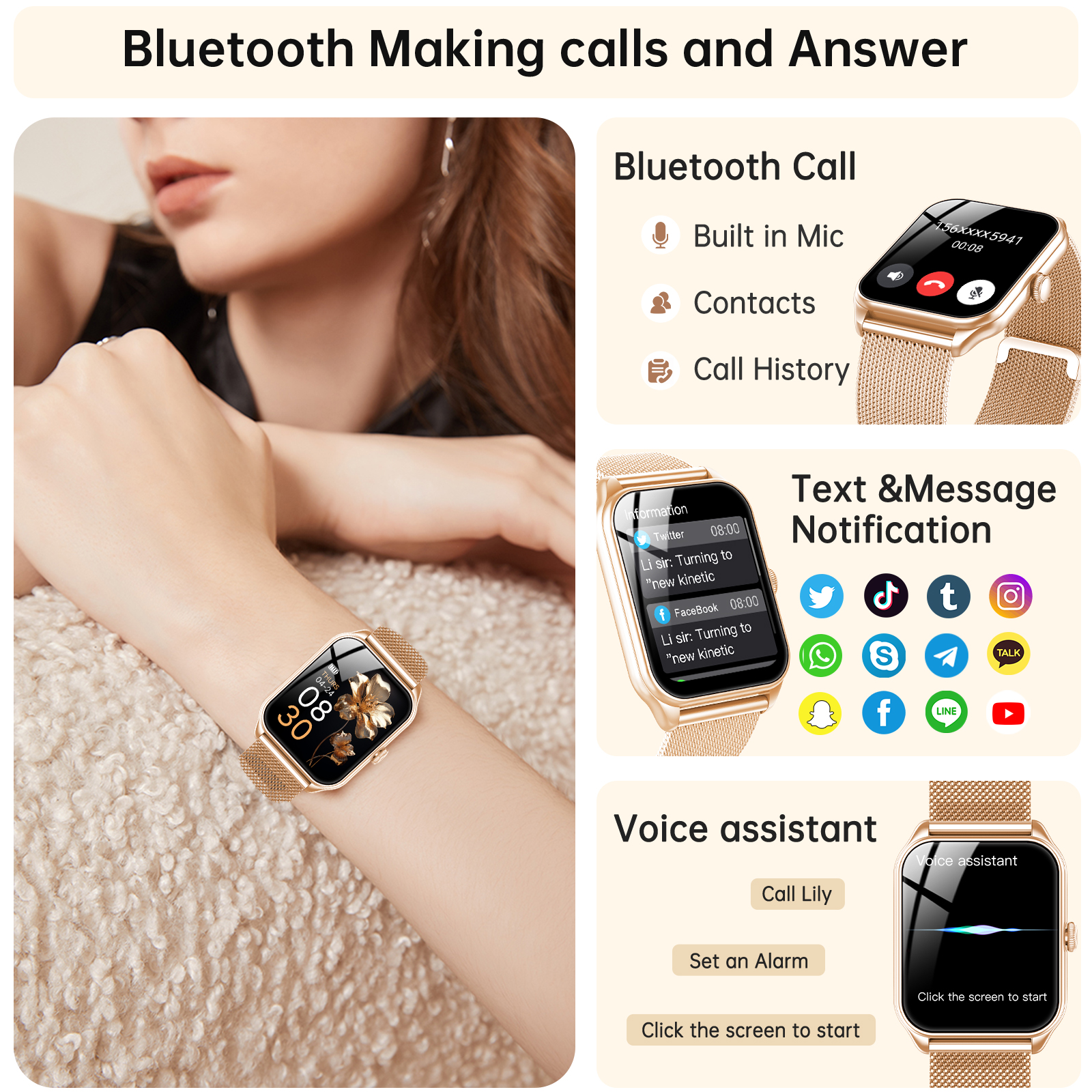 Tikland Smart Watch for Women, 1.83" Display, Gold and Pink photo 5