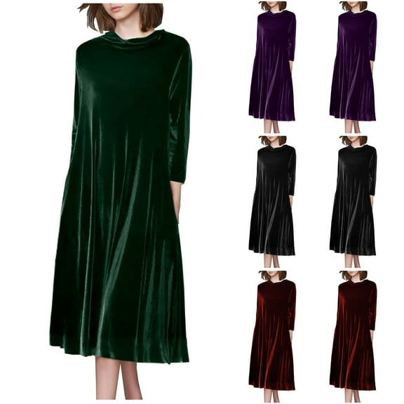 Elegant Velvet Dress for Women Plus Size Crewneck Long Sleeve Pleated Maxi Dresses Retro Velour Casual Long Dress