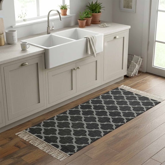 Kitchen Runner Rugs, Moroccan Black Geometric Lattice 2'x6' Throw Rug with Tassels, Vintage Medieval Pattern Washable Soft Floor Carpet Runner for Hallway Bedroom Bathroom Laundry Room