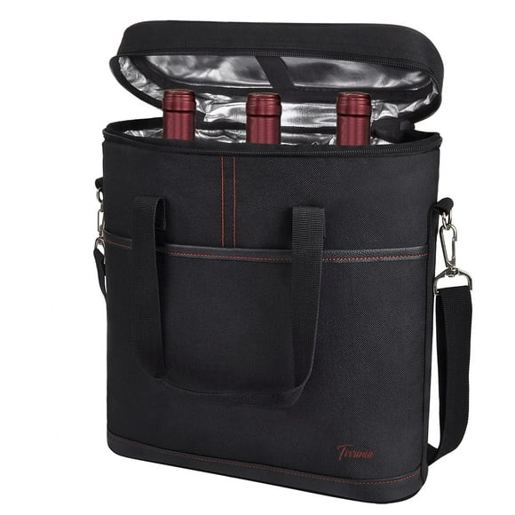 Tirrinia Insulated Wine Carrier - 3 Bottle Travel Padded Wine Carry Cooler Tote Bag with Handle and Adjustable Shoulder Strap + Free Corkscrew, Black