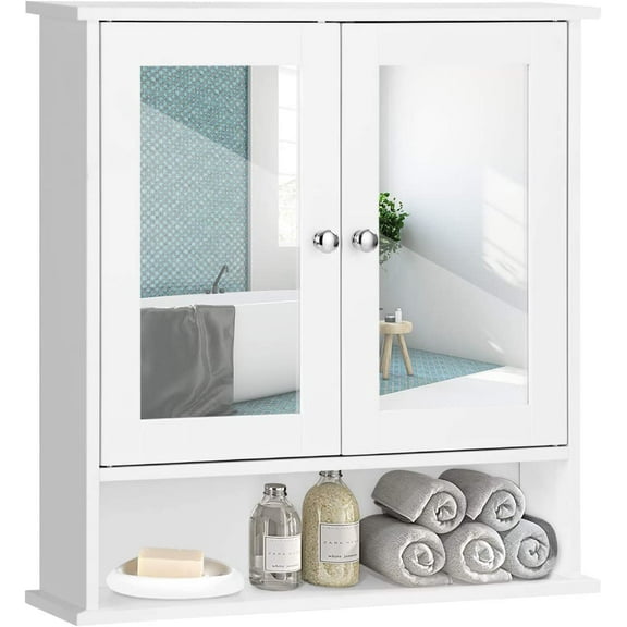 GLACER Bathroom Medicine Cabinet, Hanging Storage Cabinet with Double Mirror Doors, Perfect for Bathroom, Living Room, Corridor, Cloakroom, 22 x 5 x 23 inches (White)