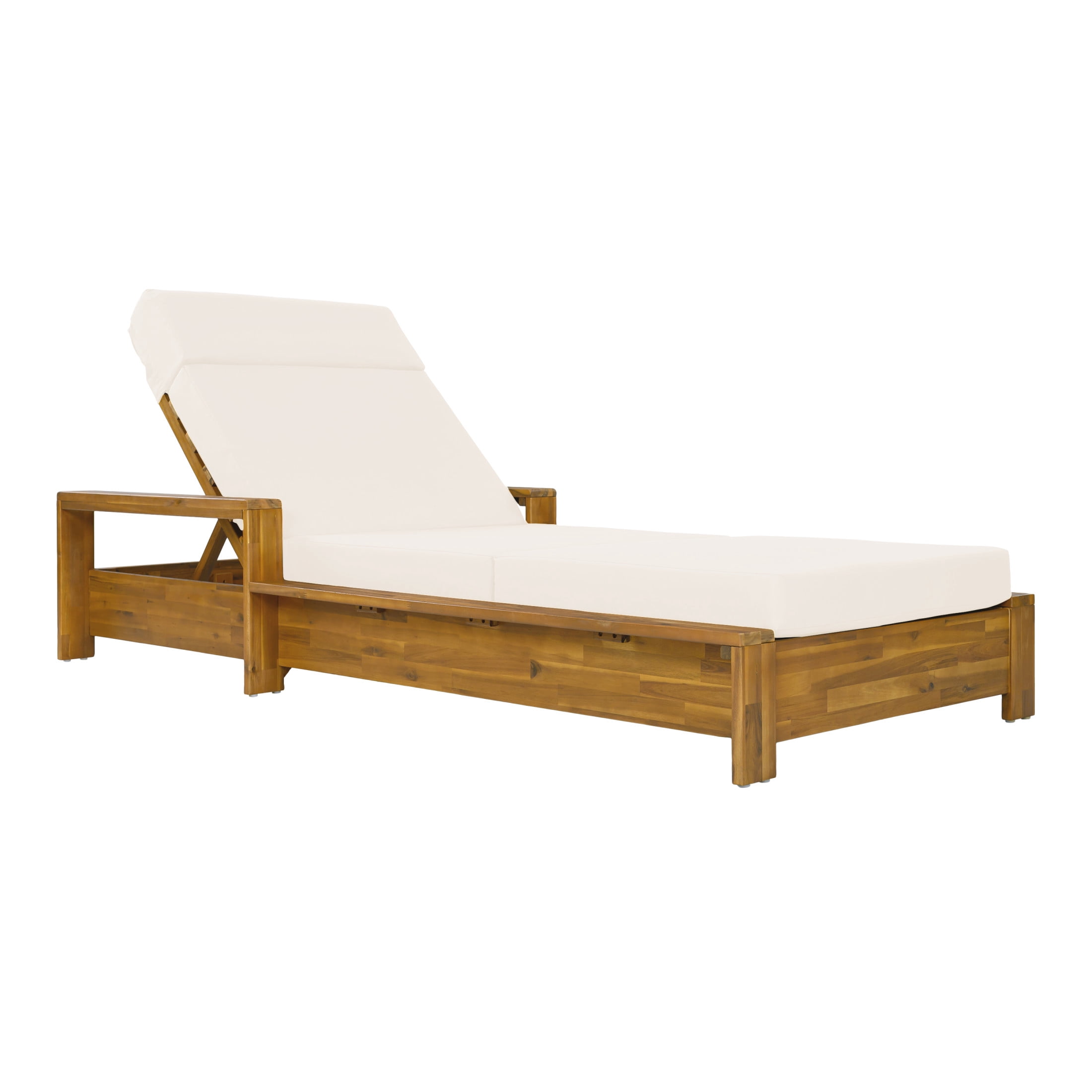Christopher Knight Home Acacia Wood Outdoor Chaise Lounge Set with Armrests, 4-Fold Cushion, Teak + Cream