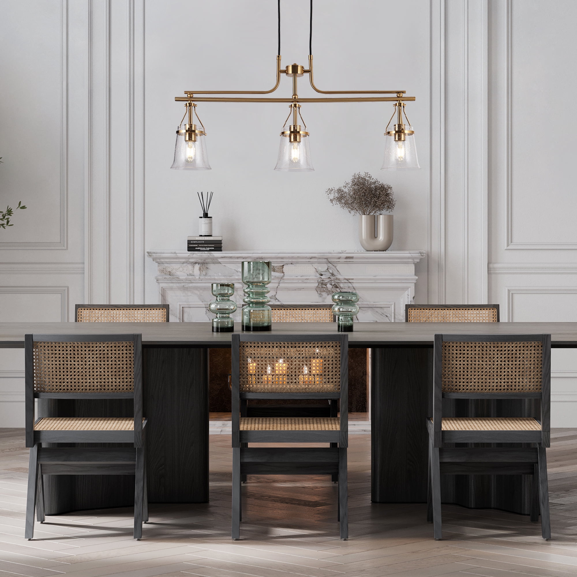 LNC Auisre 3-Light Island Light, Matte Black & Polished Gold Modern Seeded Glass