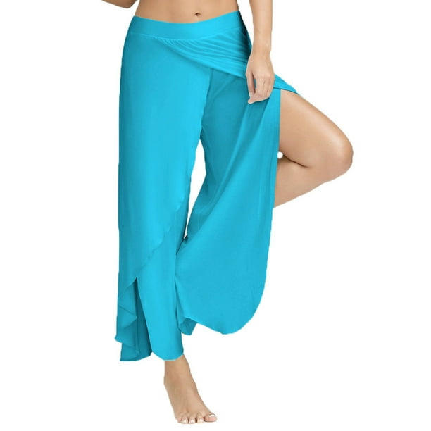 SUWHWEA Sexy Waist Wide Leg Flowy Pants Women Casual Summer Long Loose Yoga  Pants Leggings for Women Light Blue XXXL