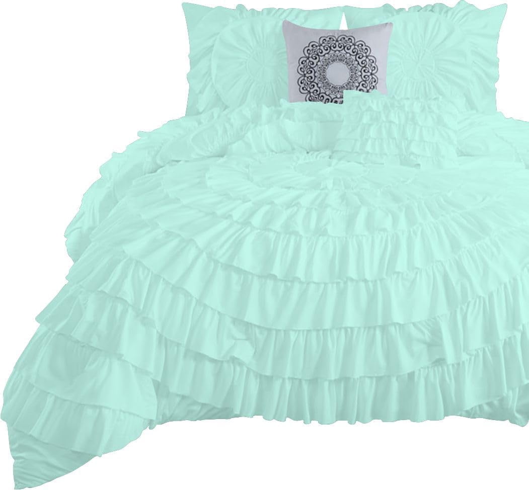 D.N.G. BEDDINGS 100% Egyptian Cotton 5 Piece Circle Ruffle Comforter Set with 1 Freebie Ruffle Pillow | 550 GSM Filled Microfiber - Twin/TwinXL Size, Aqua Blue Color - 800 Thread Count