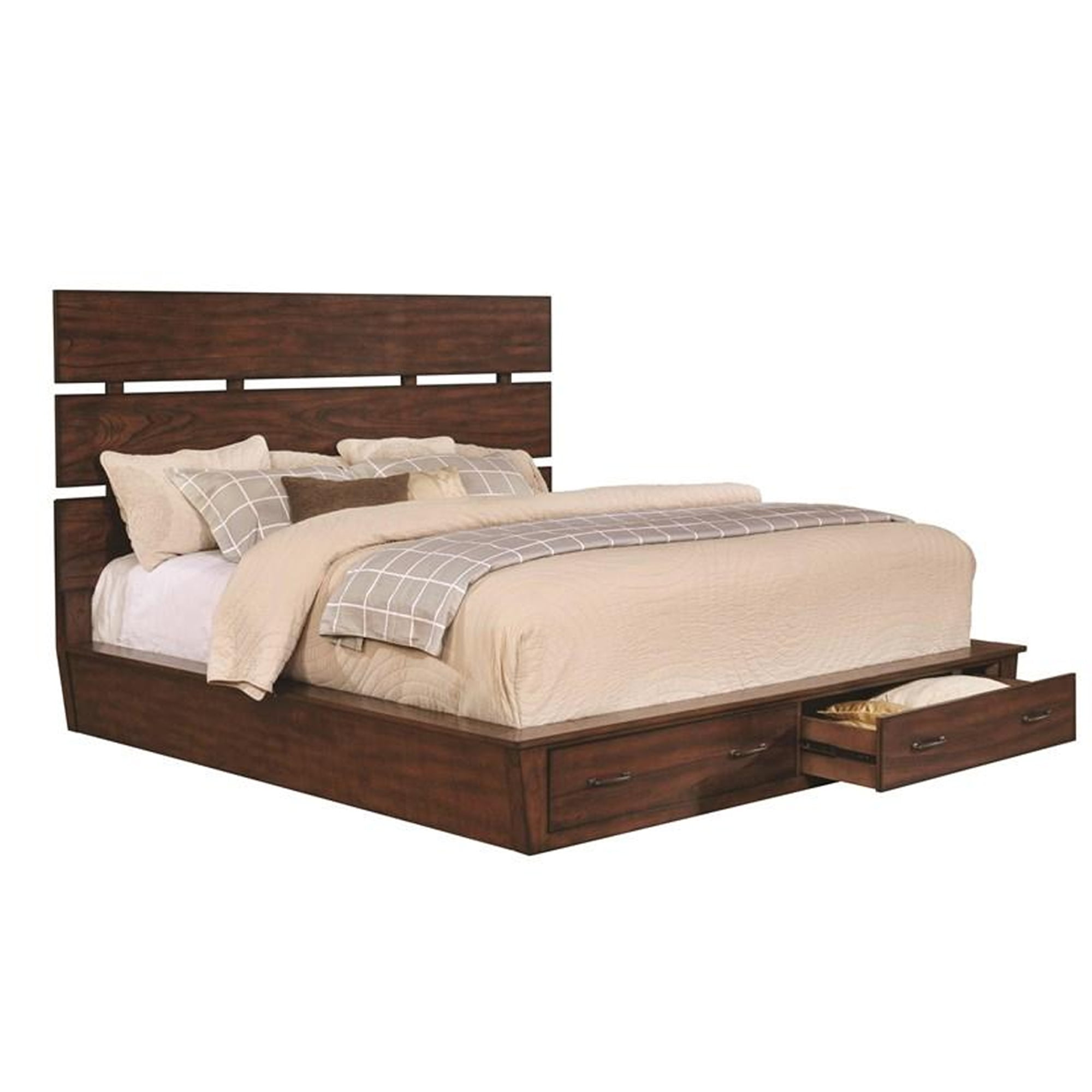 Wooden Queen Size Bed with Slatted Headboard and Two Base Drawers