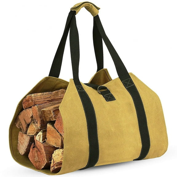 Coverify Canvas Log Carrier Bag Heavy Duty Water Resistant Firewood Log Tote Bag Carrier for Indoor Stoves Firewood Carry Bag Holder with Handles for Outdoor Camping Trip (39.4''x18'', Brown)