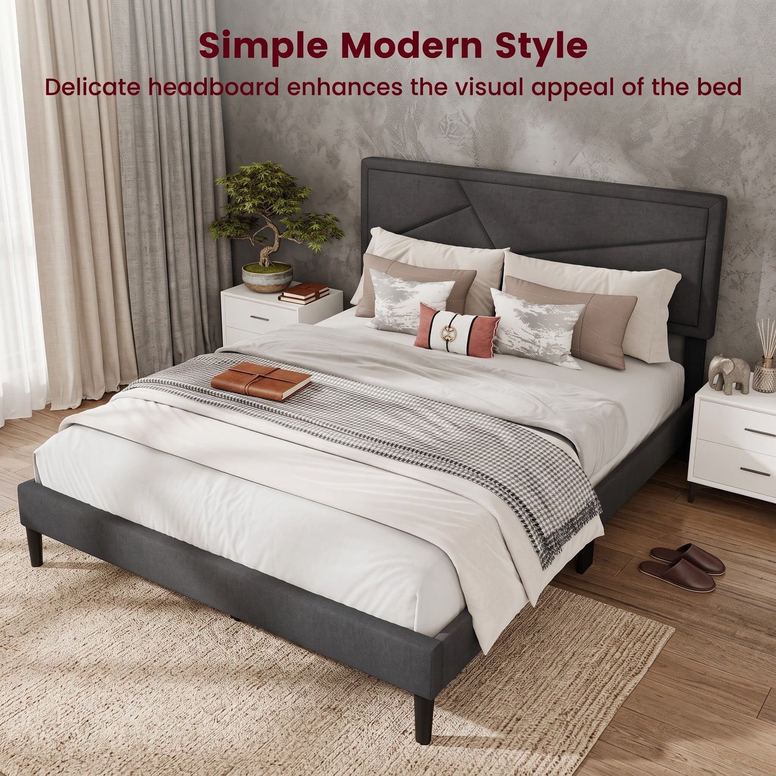 Furnibear Queen Bed Frame with Headboard, Upholstered Platform Bed Frame with 12 Plywood Slats for Modern Bedroom, No Box Spring, Dark Gray