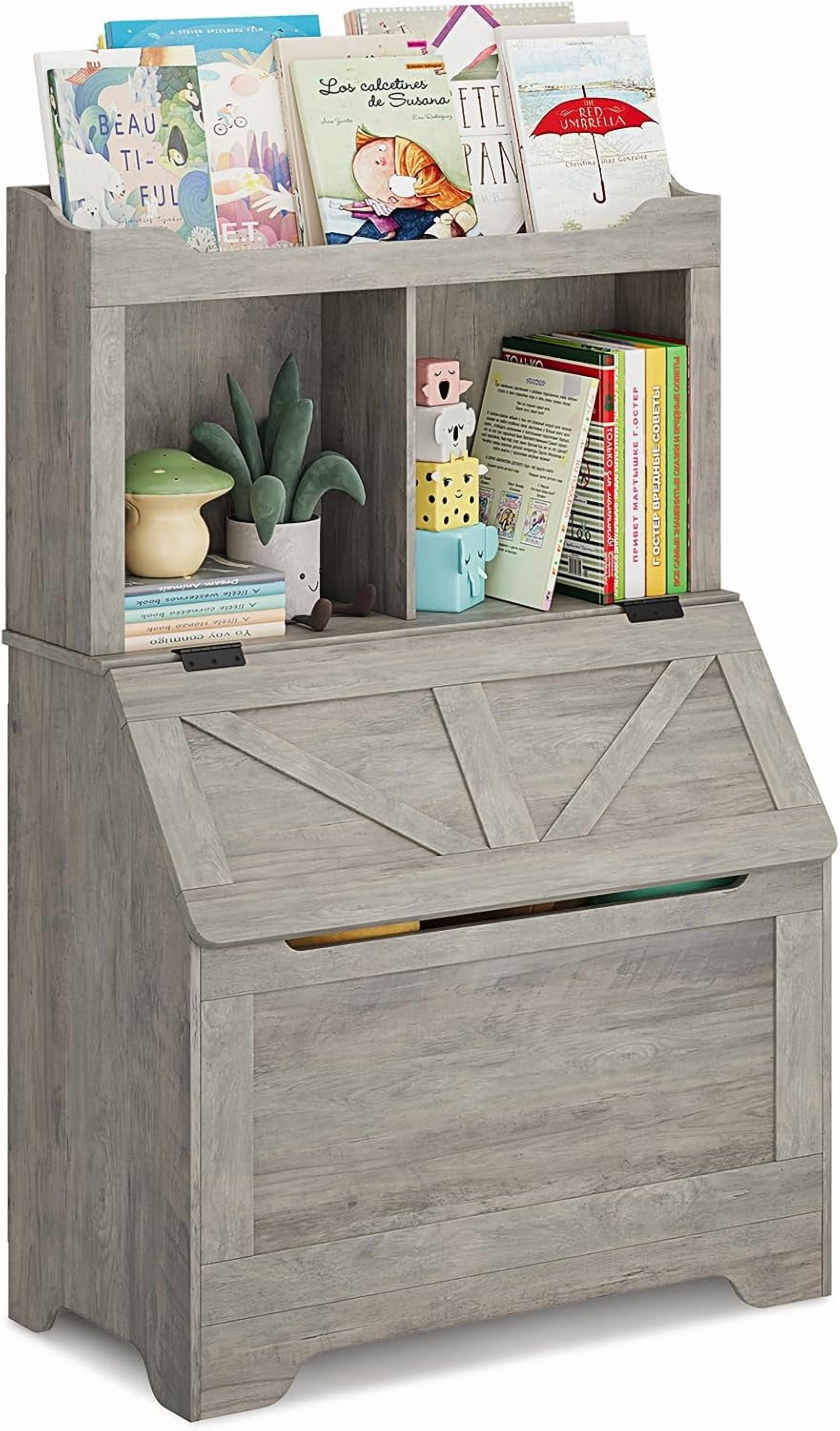 Kids Toy Storage Organizer with Flip-Top Lid & 2-Tier Bookshelf, Wooden Toy Chest and Bookcase for Playroom, Bedroom, Nursery, Grey