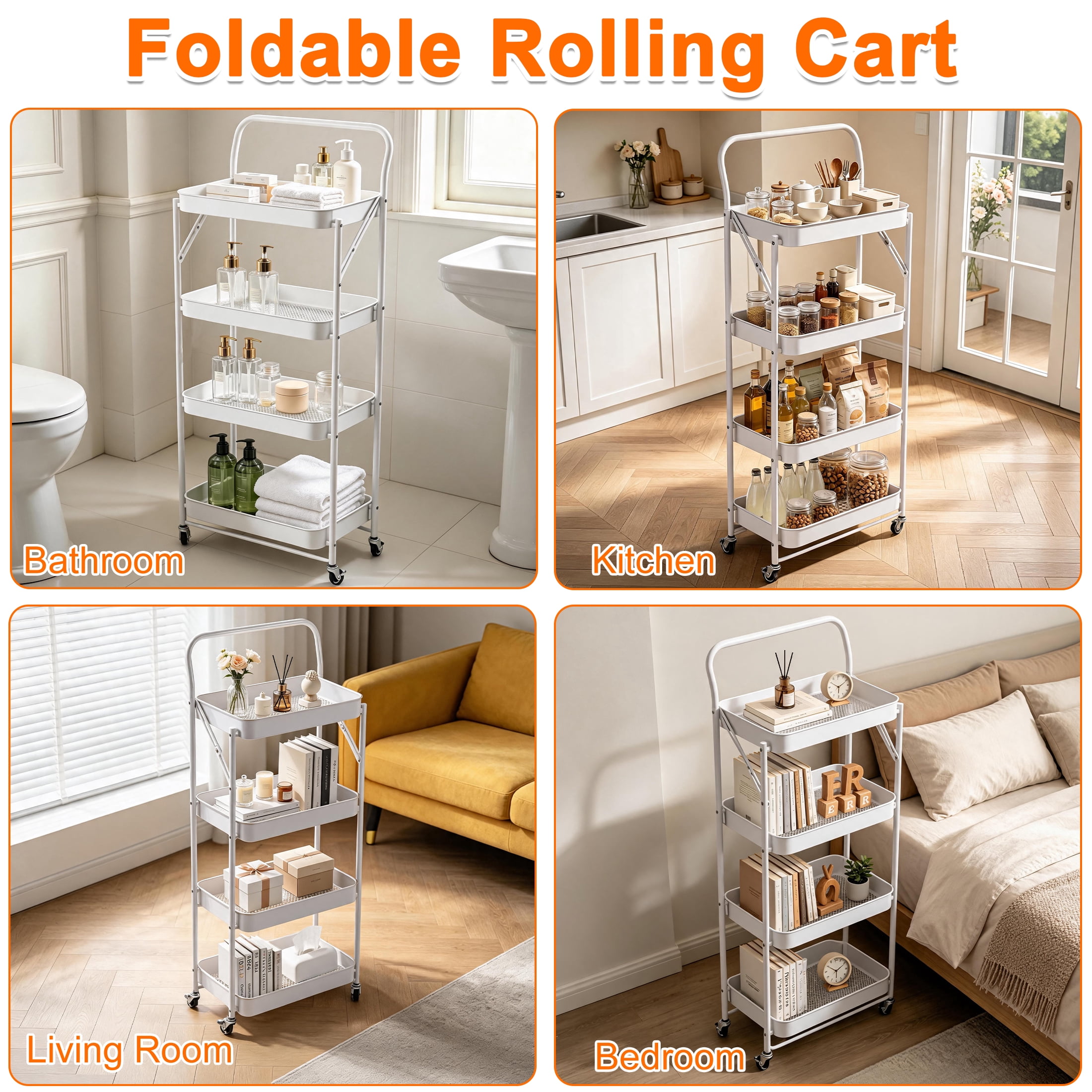 CISILOV 4-Tier Foldable Rolling Storage Cart, Mobile Utility Cart with Wheels & Handle, Metal Mesh Organizer Cart for Kitchen, Bathroom, Living Room, Bedroom, White