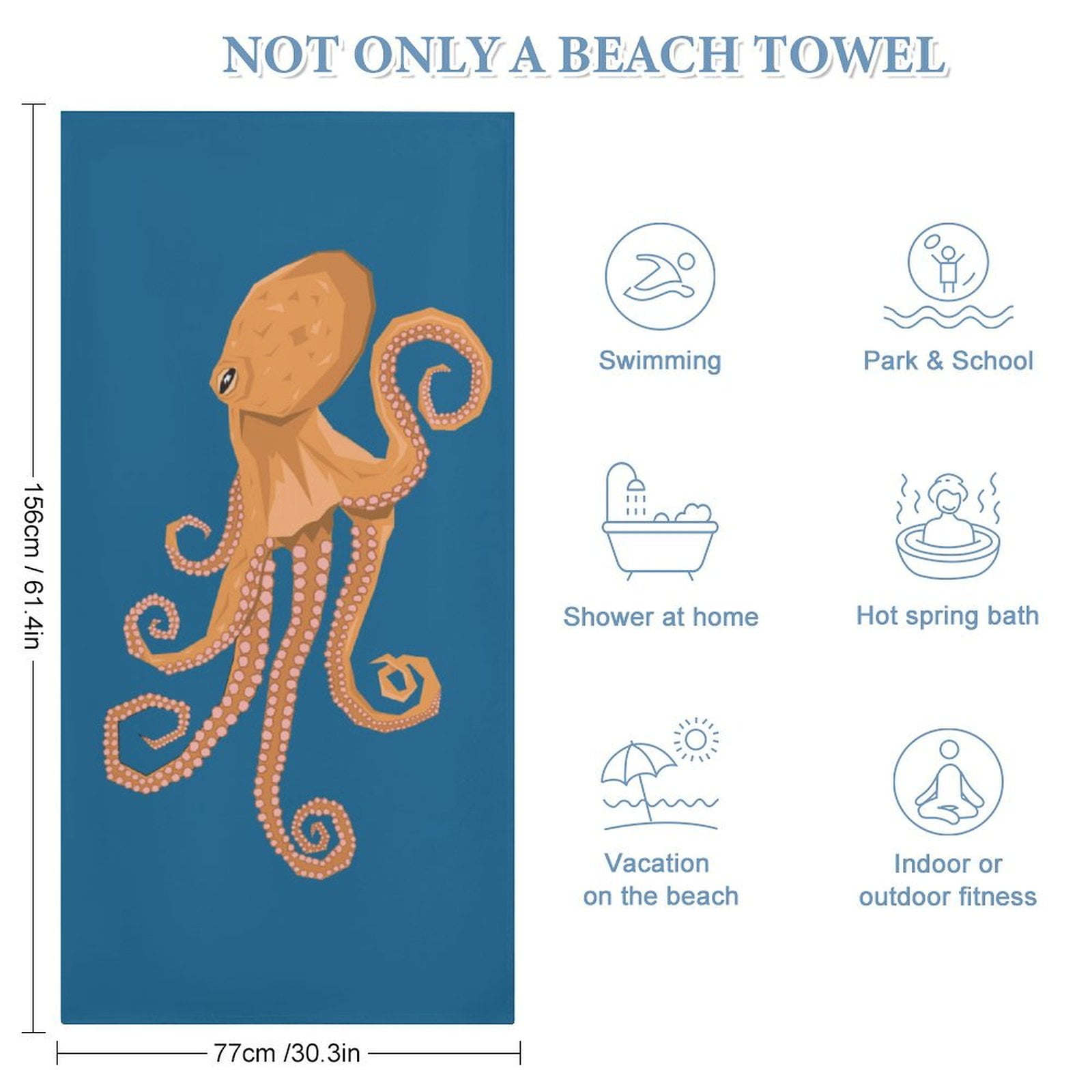 Octopus Coastal Ocean Beach Towel 30x60 inch Nautical Animal Sea Life Microfiber Beach Towels for Travel Sand Free Quick Dry Travel Towels Quick Dry Ultra Absorbent Super Soft Pool Travel Swimming