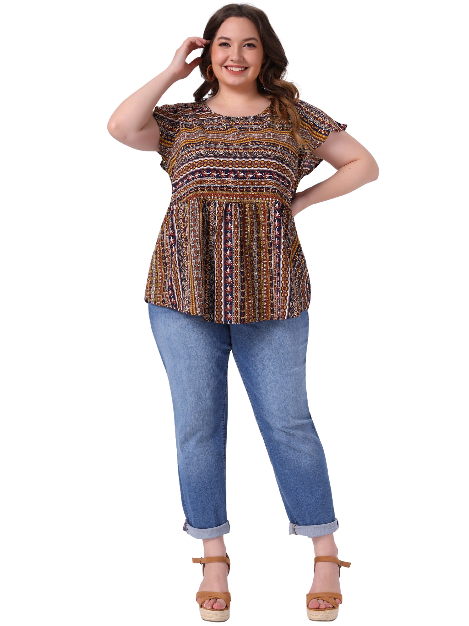 Women's Plus Top Boho Floral Printed Round Neck Ruffle Sleeve Blouses Shirts 4X Orange