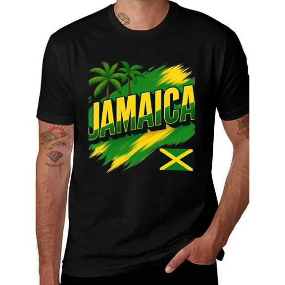 T-shirt Jamaica Flag Map Soft Cotton Adult Heat-Transfer Graphic T-Shirt - 180g Breathable Fabric, Unisex Summer Casual Wear with Durable Heat-Printed Design