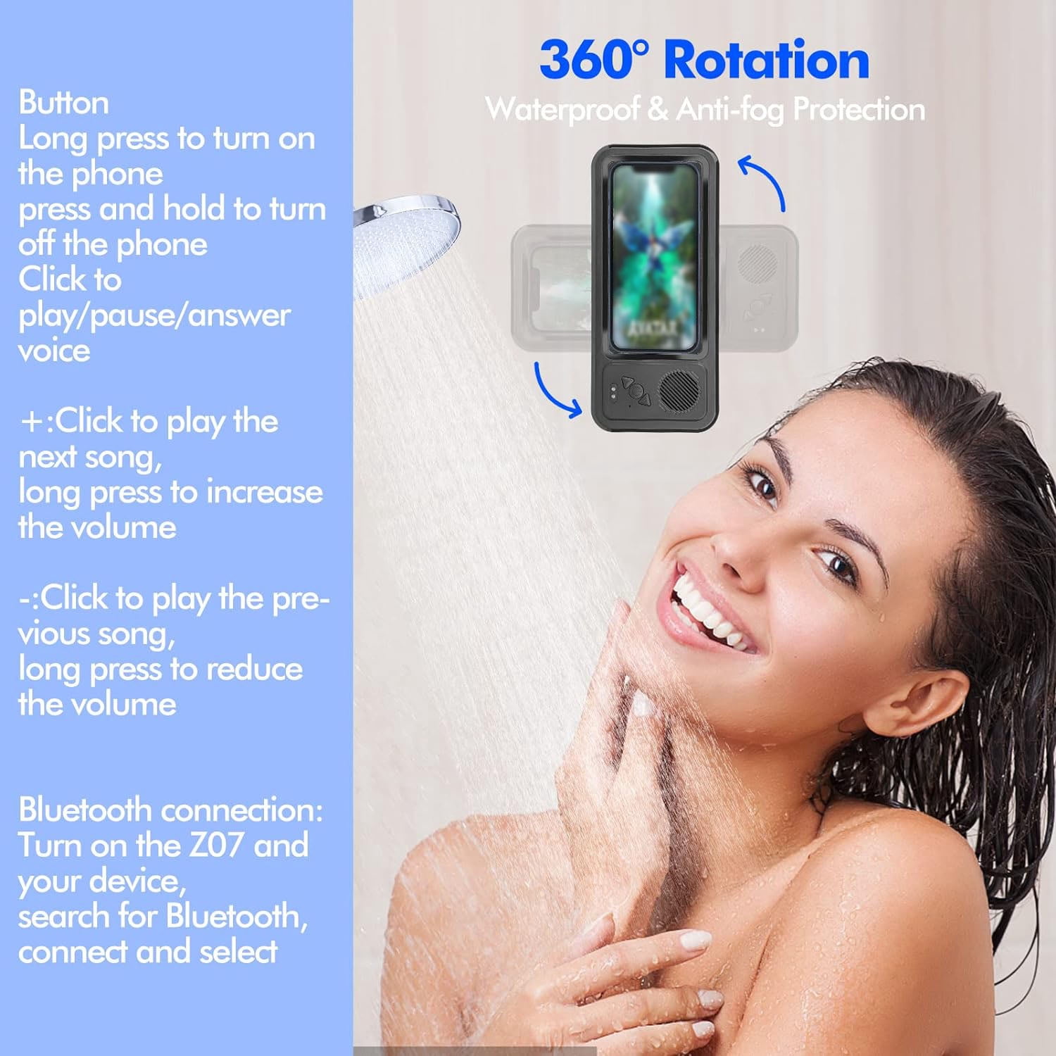 LC-dolida Shower Phone Holder with Wireless Bluetooth Speaker, Waterproof 360 Rotation Viewable Shower Phone Stand Case Mount Speakers for Bathroom Wall Mirro for 4"- 6.8" Cell Phones(Black)