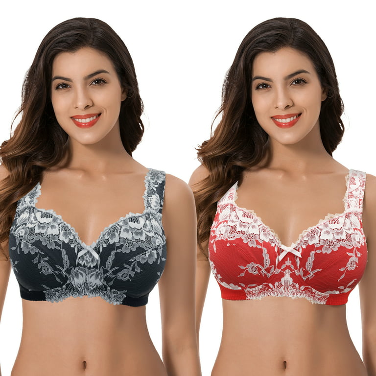 Curve Muse Women's Plus Size Minimizer Unlined Wireless Lace Full Coverage  Bras-2Pack-Black,Red-36DDD 