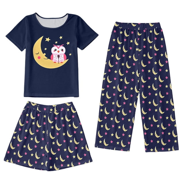 Ensemble de Pyjama 3 Pcs pour Enfants Filles Bébé Printemps Été Manches Courtes Haut Shorts Pantalons Pyjama Noir 4 Ans-5 Ans
