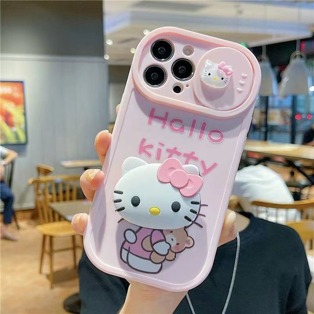 Sanrio Cat 3D Hello kitty, funda de teléfono con ventana deslizante, protección de cámara con soporte para Iphone 11, 12, 13 Pro Max, X, Xs, Xr Fivean LED
