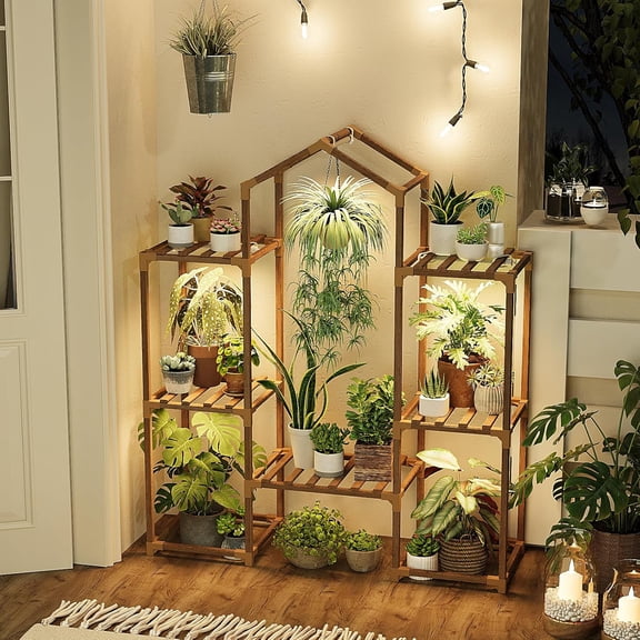 Plant Stand Indoor with Grow Lights Wood Shelf for Hanging Planter Pots Display for Living Room Patio Garden Decor
