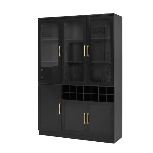 70.87" Tall Wine Bar Cabinet with Glass Doors, Modern Liquor Cabinet with Removable 14-Bottle Wine Rack & Built-in Door Shelves, High-Capacity Home Bar Storage Cabinet, Black